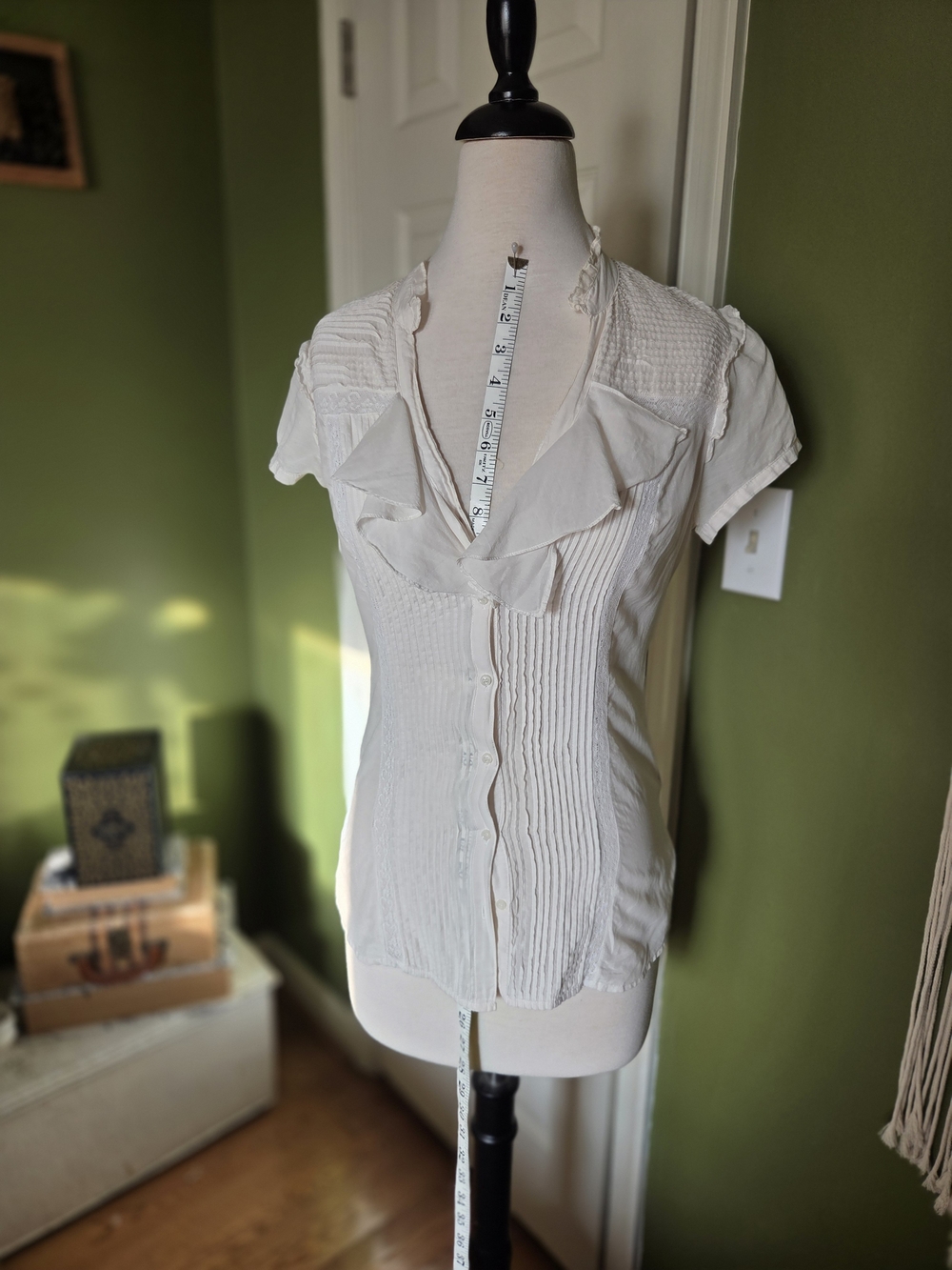Massimo Dutti Cream Ruffle Pintuck Silk Short-Sleeve Blouse